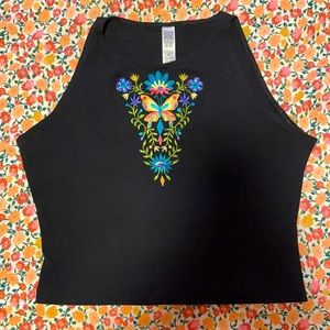 Black Y2K 90s floral butterfly embroidered crop top • vintage black tank top